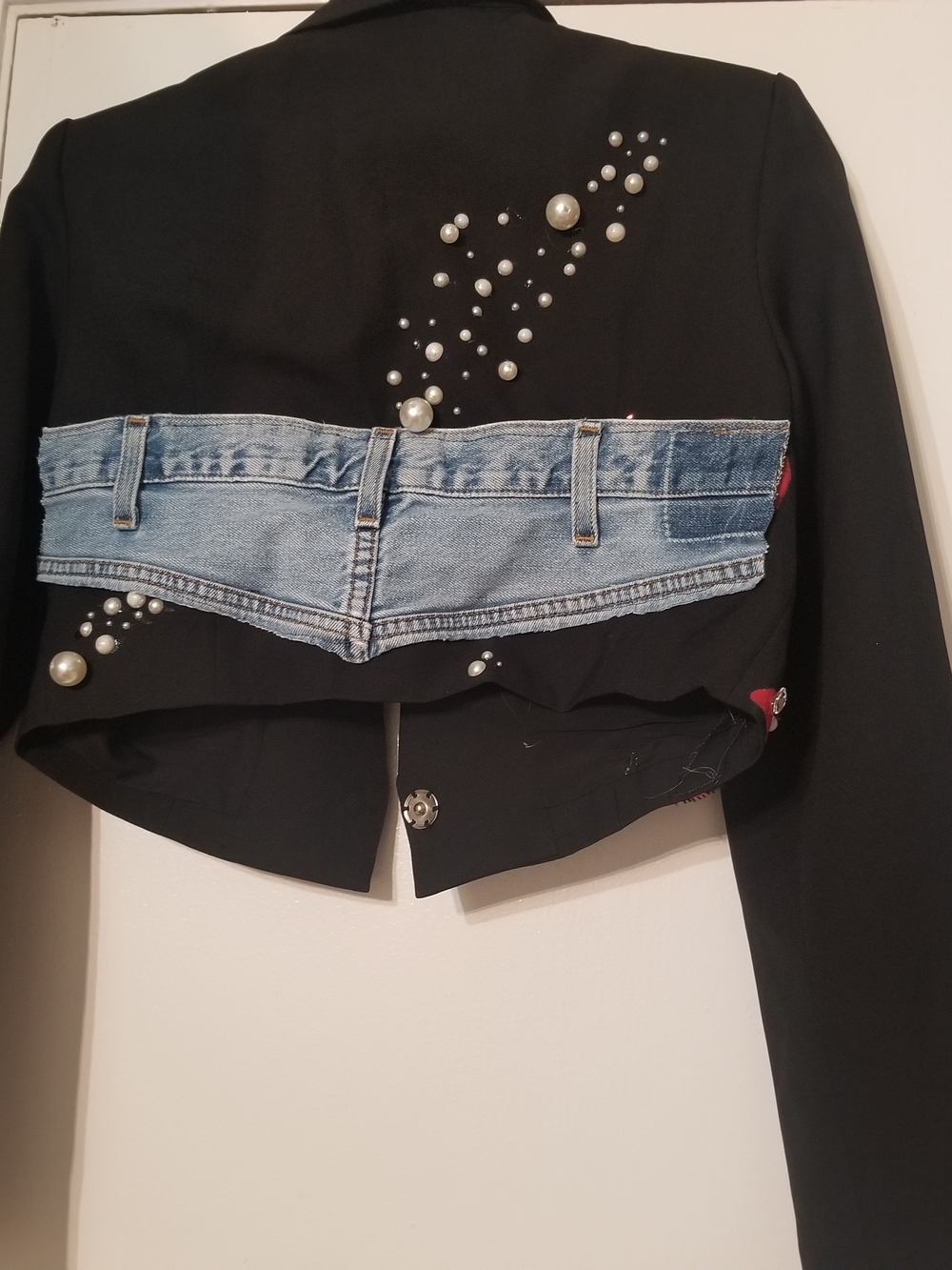 Custom Cropped Blazer- Black  Embellished Blazer Crystal Bow Denim Patch - Picture 3 of 4
